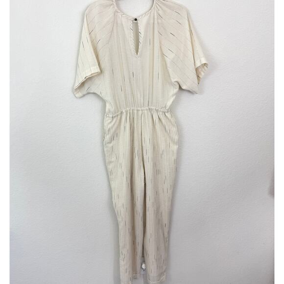 Anthro Feather Bone Womens Soleil Wrap Front Stripe Jumpsuit Sz S Metallic Ivory - Picture 6 of 10